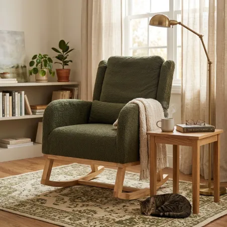 Silla Mecedora Ergonómica de Tejido Bouclé con Cojín Lumbar y Estructura de Madera