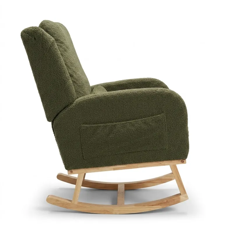 Silla Mecedora Ergonómica de Tejido Bouclé con Cojín Lumbar y Estructura de Madera