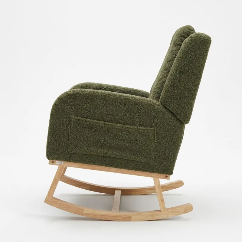Silla Mecedora Ergonómica de Tejido Bouclé con Cojín Lumbar y Estructura de Madera