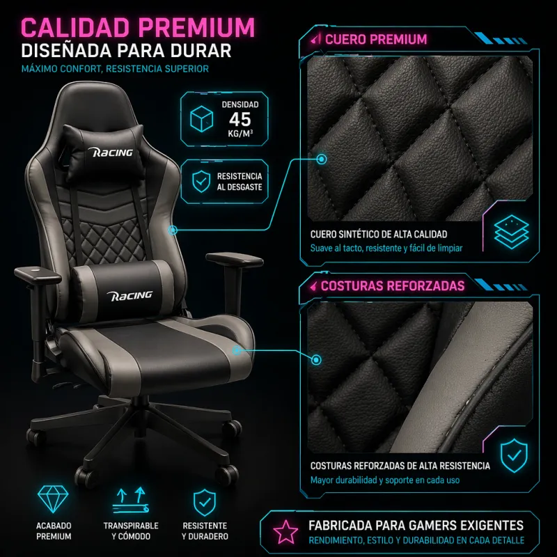 Silla Gaming Racing Ergonómica Reclinable con Cojines y Reposabrazos BY111